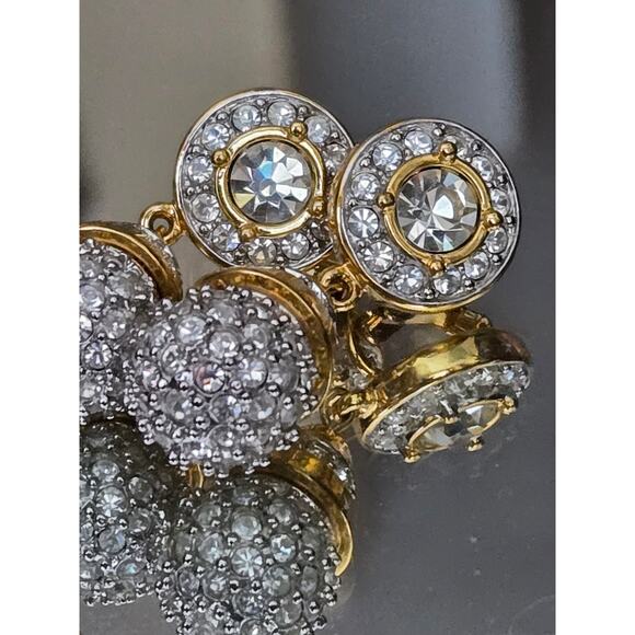 Vintage Signed Swarovski Gold Tone Earrings Dangle Pave Crystal Balls Clip On - Picture 4 of 8